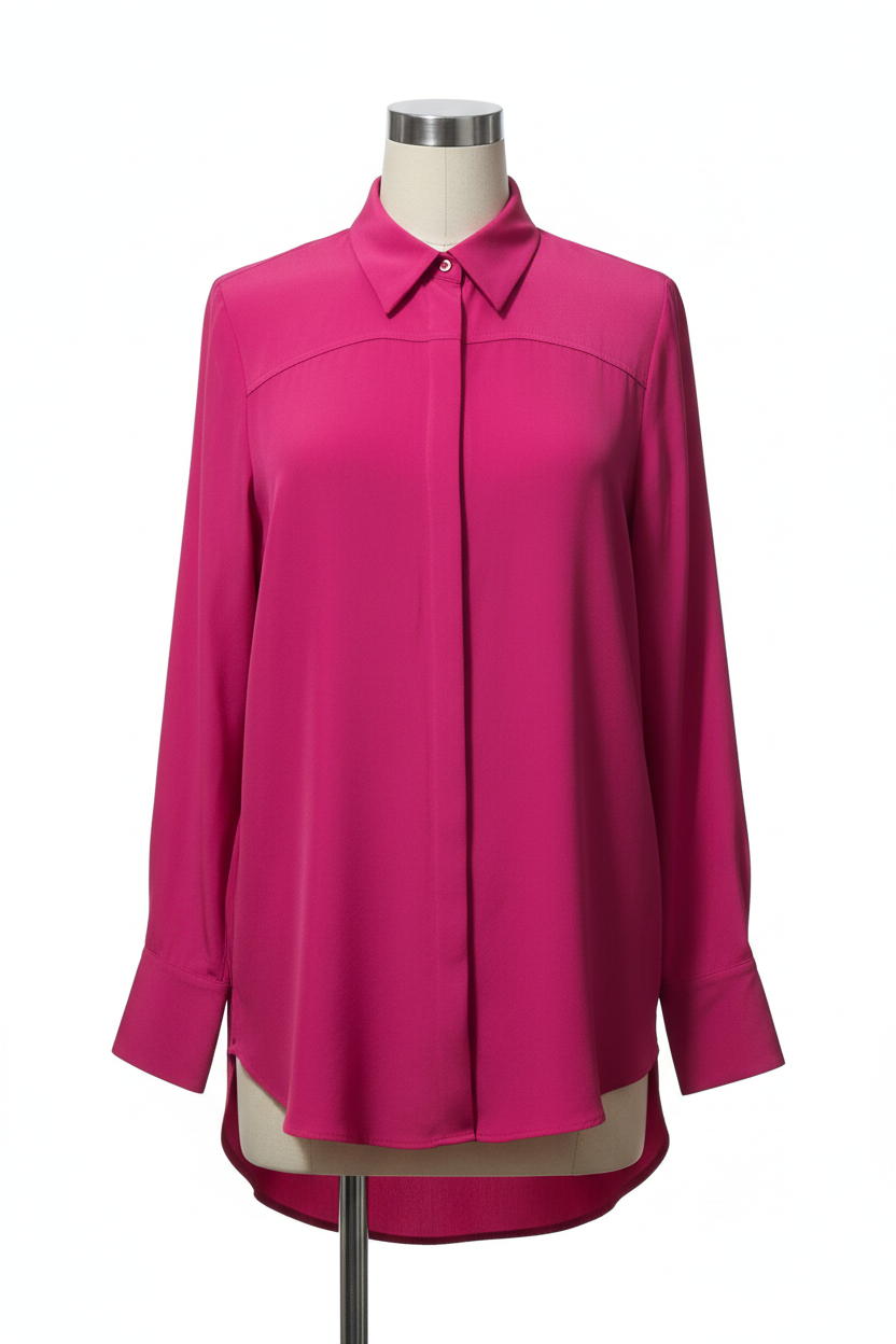 Camisa fucsia en maniquí sobre fondo blanco