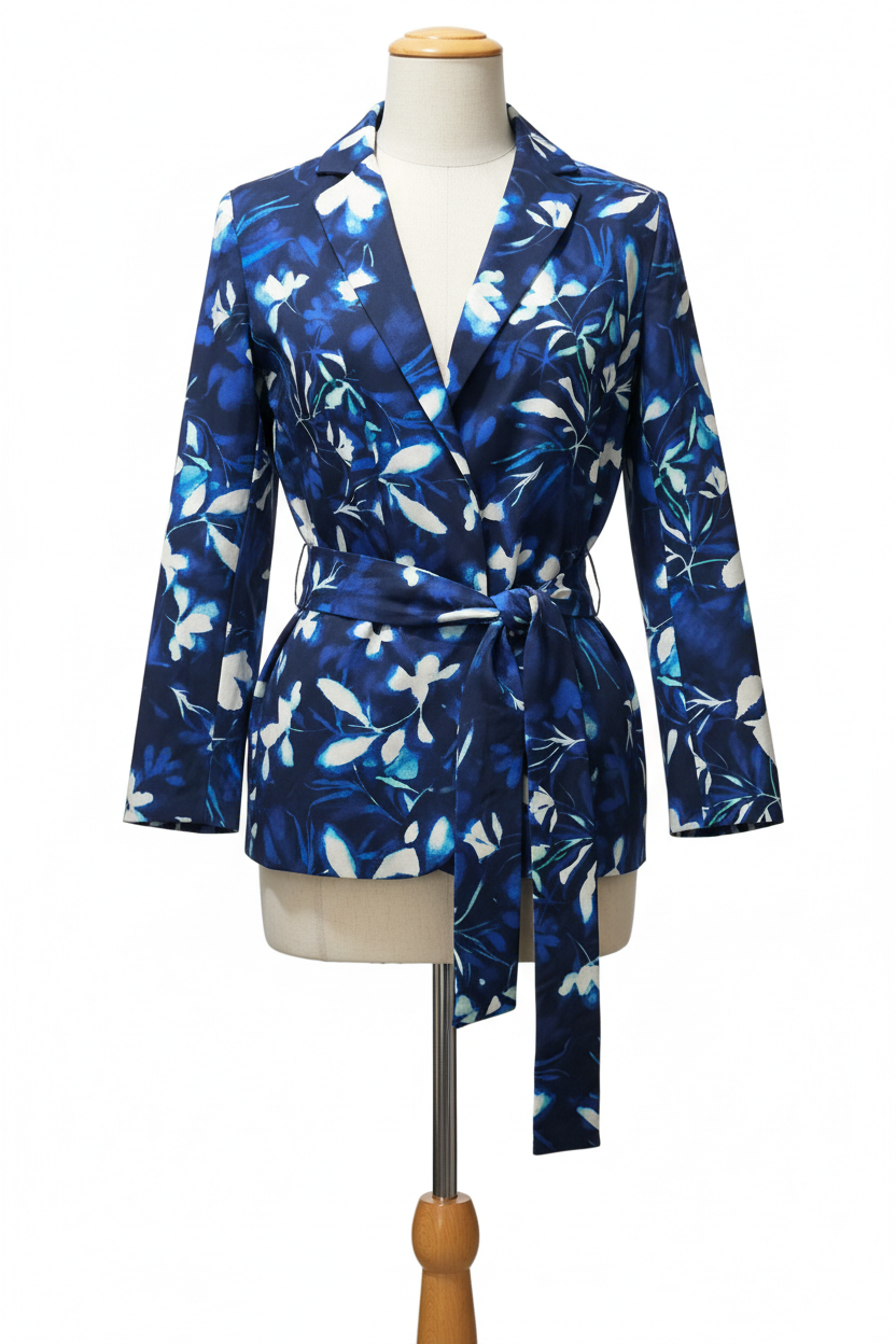 Chaqueta azul estampada en maniquí de madera
