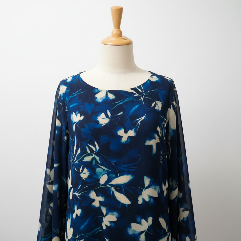 Prenda azul floral en maniquí, vista 2