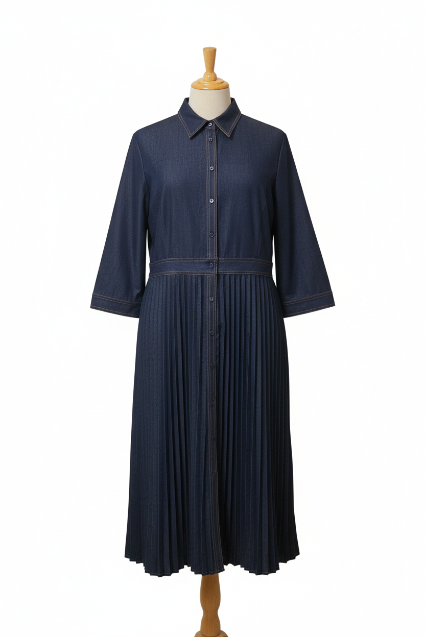 Vestido camisero azul marino en maniquí, vista frontal